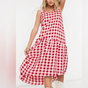 NWT Topshop Americana Red White Gingham Assymetric Sundress Tulle Bow Sleeves 6